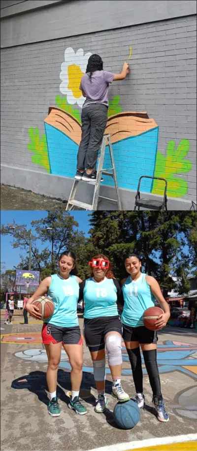 Persona pintando un mural de flores y tres jugadoras de baloncesto en la cancha