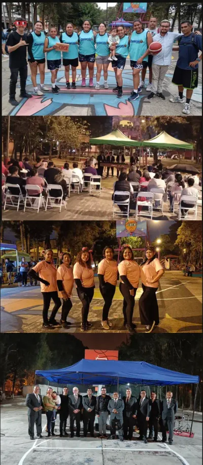 Equipos deportivos, sillas para un acto y grupo con autoridades bajo un toldo azul